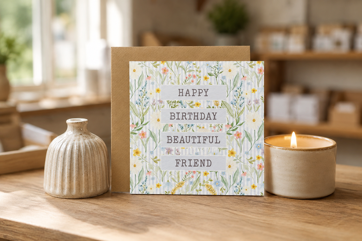 Langs Garden Impressions birthday card displayed with complementary gifts