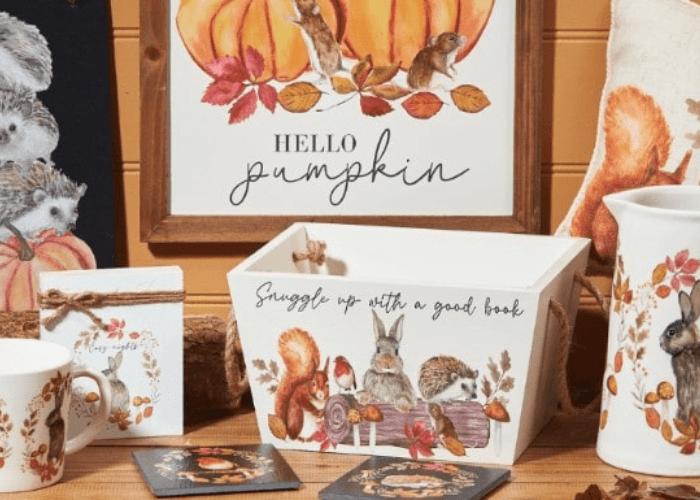  A collection of Autumn/Fall gifts & decorations with unique animal and pumpkin designs.