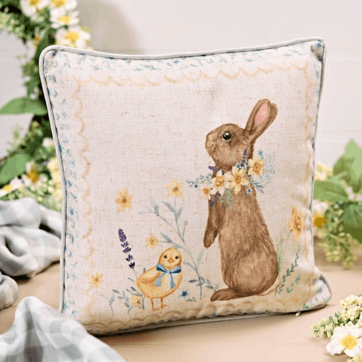 A bunny rabbit cushion inside a home which is an irresistible home accessory.