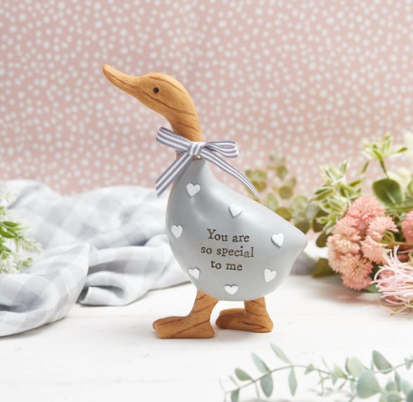Wooden duck ornament with a grey body printed with “You are so special to me”, white heart details and a striped bow, styled with soft flowers and fabric.