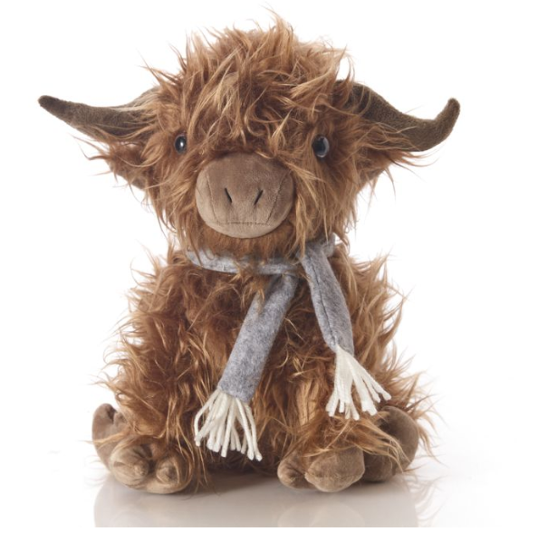 Fluffy brown highland cow plush toy with curved horns and a grey scarf, sitting upright against a white background.